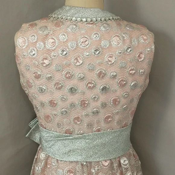 Sixties Silver & Pink Metallic Gown 60s Designer Maxi Feminine Glitter Sz 8 10